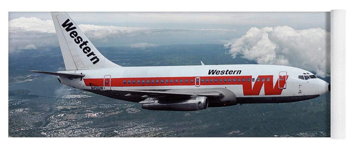 Western Airlines Yoga Mat featuring the mixed media Classic Western Airlines Boeing 737 by Erik Simonsen