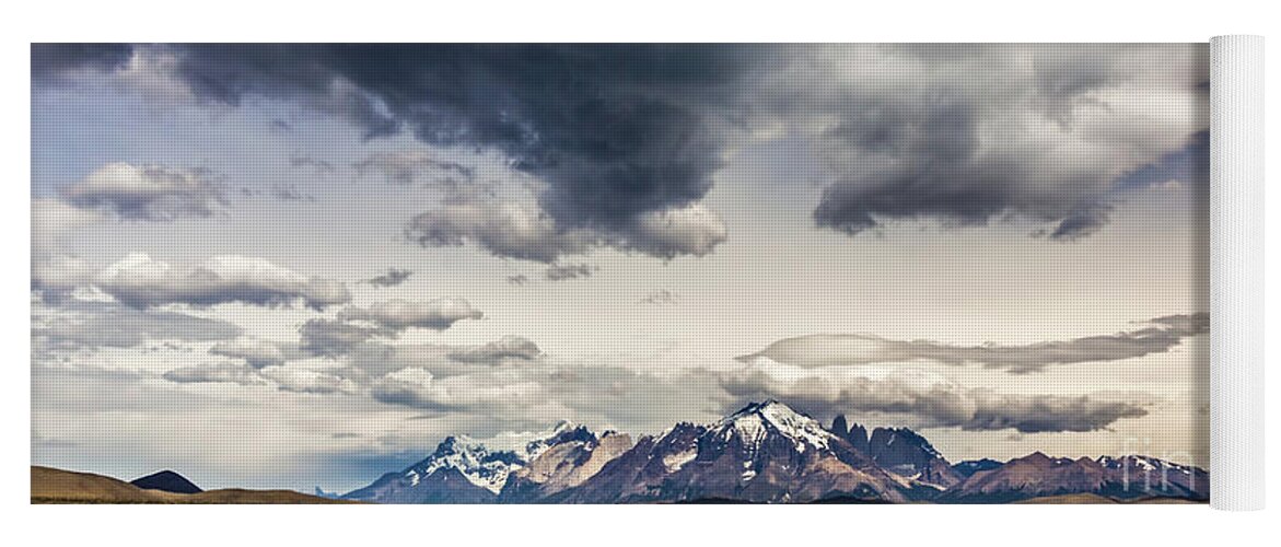 Mountain Yoga Mat featuring the photograph Clouds over Torres del Paine National Park, Chile by Lyl Dil Creations