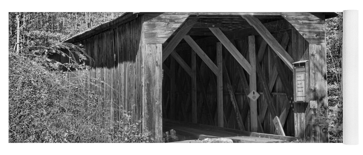 Mcdermott Covered Bridge Yoga Mat featuring the photograph Cold River Covered Bridge Black And White by Adam Jewell
