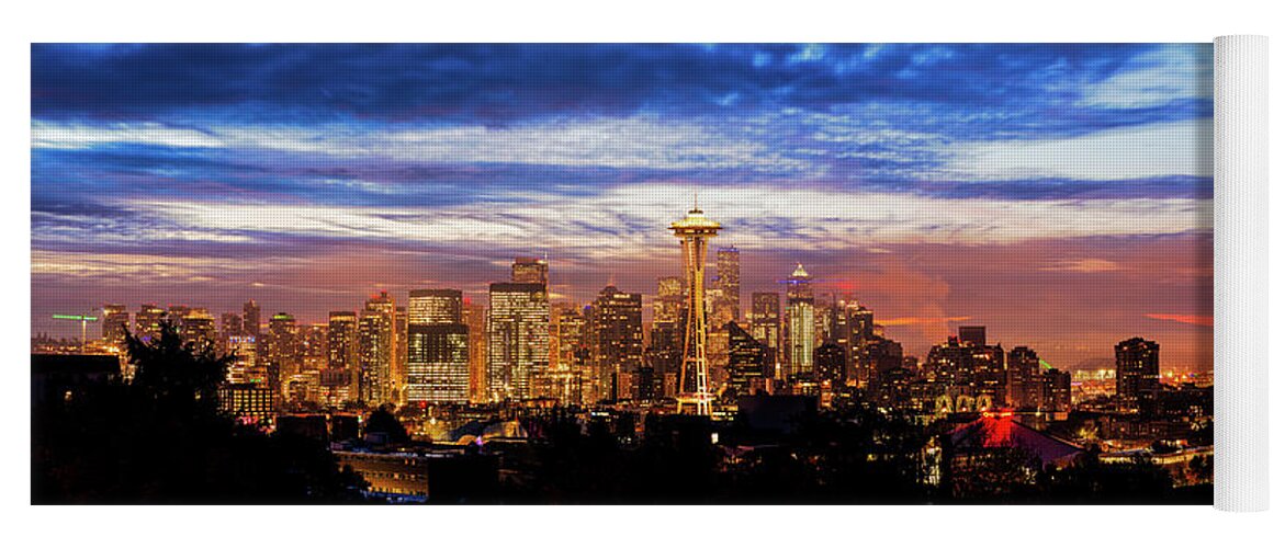 Outdoor; Downtown; Sunrise; Dawn; Twilight ; Space Needle; High-rise; Elliot Bay; Port Seattle; Mount Rainier; Colors; Downtown Seattle; Washington Beauty; Pacific North West Yoga Mat featuring the digital art Colorful twilight over downtown Seattle by Michael Lee