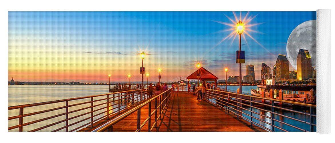 San Diego Yoga Mat featuring the photograph Coronado pier with full moon by Benny Marty