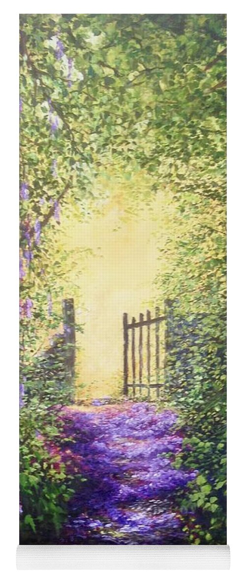 Petals Yoga Mat featuring the painting Cotswolds Pathway of Petals to an open Gate and into the sunshine beyong by Lizzy Forrester