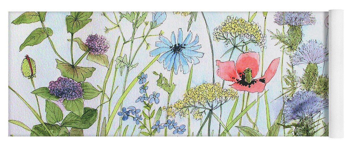 Flowers Yoga Mat featuring the painting Cottage Flowers and Bees by Laurie Rohner