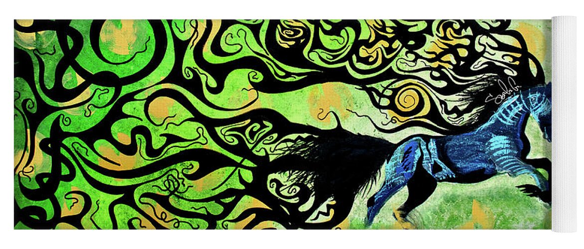 Horse Farm Abstract Conceptual Art Colorful Painting Paint Color Green Blue Animal Love Jump Inspiration Motivation Tail Hair Beautiful Beauty Run Success Yoga Mat featuring the painting Crazy Horse by Sergio Gutierrez
