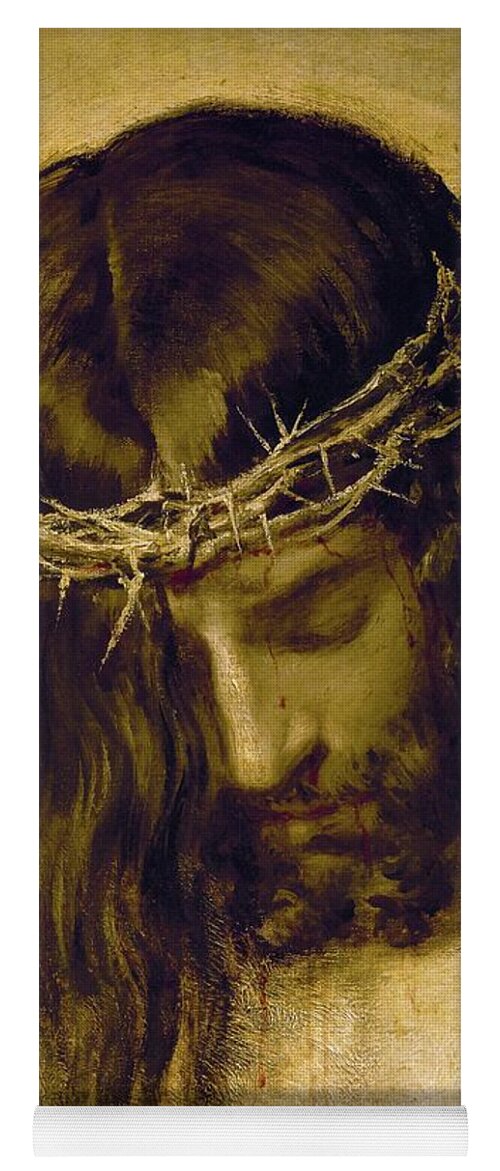 Cristo Crucificado Yoga Mat featuring the painting Crucified Christ -detail of the head-. Cristo crucificado. Madrid, Prado museum. DIEGO VELAZQUEZ . by Diego Velazquez -1599-1660-