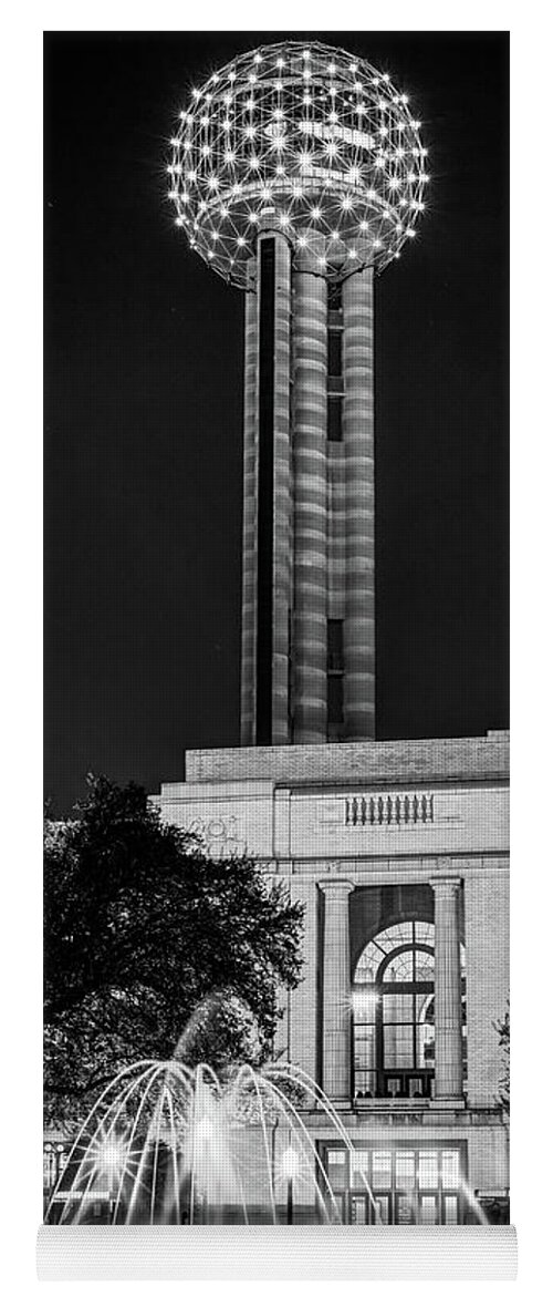 Dallas Texas Yoga Mat featuring the photograph Dallas Texas Reunion Tower and Fountain - Monochrome by Gregory Ballos