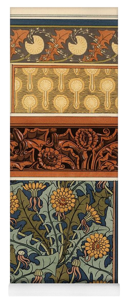 1897 Yoga Mat featuring the drawing Dandelion in art nouveau patterns for fabric, carved border and wallpaper.Lithograph by M.P.Verne... by Album