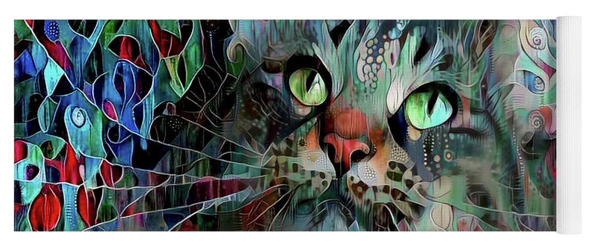 Maine Coon Cat Yoga Mat featuring the mixed media DeeDee in Blue and Red by Peggy Collins