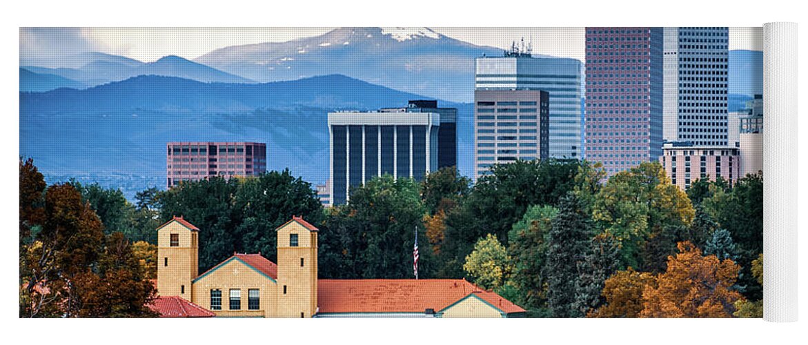 America Yoga Mat featuring the photograph Denver Skyline and Rocky Mountains - City Park Autumn Landscape by Gregory Ballos