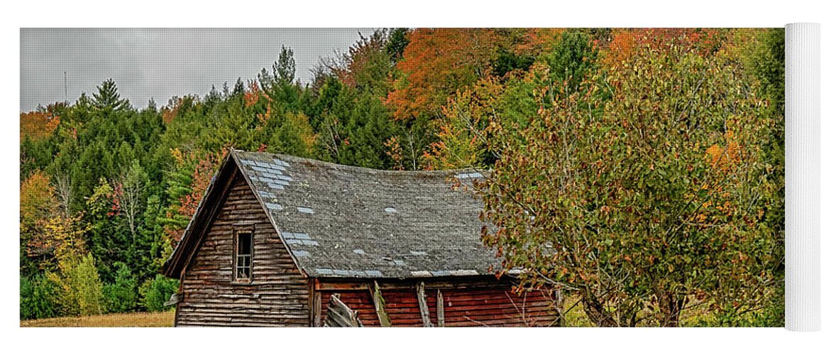 Waterbury Yoga Mat featuring the photograph Dilapidated building Waterbury VT Fall Foliage by Toby McGuire