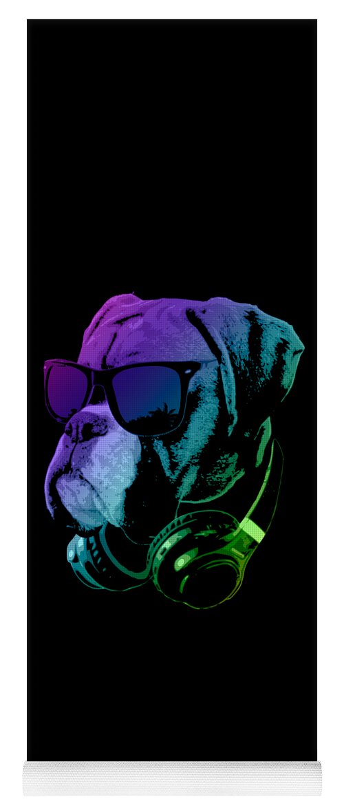 Dog Yoga Mat featuring the digital art DJ Boxer Dog In Neon Lights by Filip Schpindel