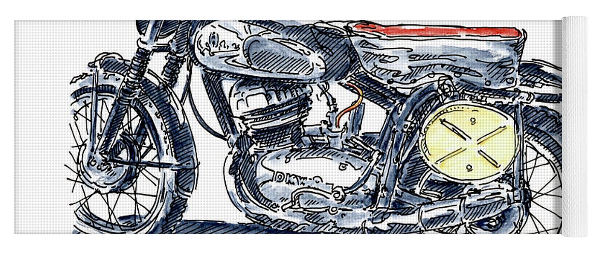 Motorbike Yoga Mat featuring the drawing DKW Classic Motorcycle Ink Drawing and Watercolor by Frank Ramspott