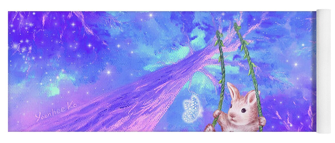 Bunny Yoga Mat featuring the mixed media Do Not Fear, Bunny by Yoonhee Ko