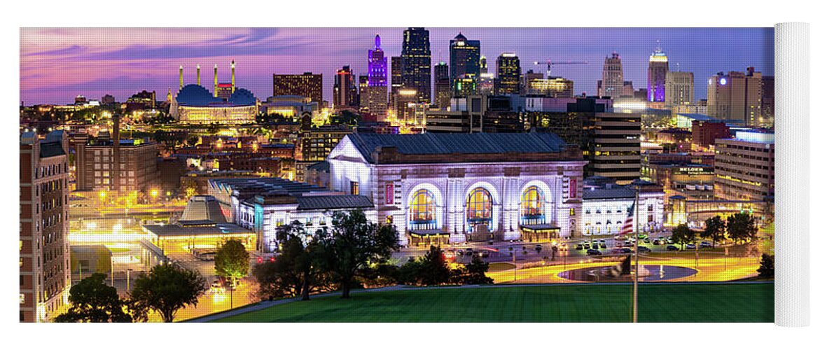 America Yoga Mat featuring the photograph Downtown Kansas City Skyline Panoramic at Dusk by Gregory Ballos