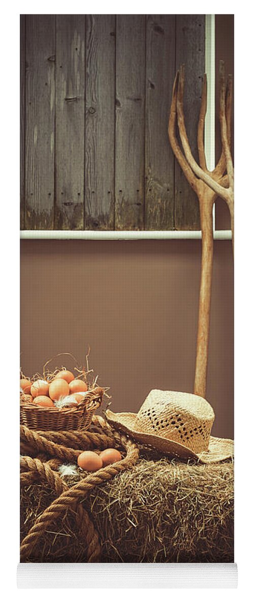 Eggs Yoga Mat featuring the photograph Eggs In Basket In The Barn by Amanda Elwell