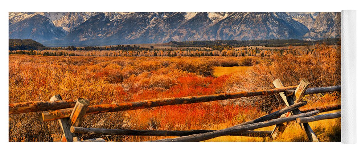 Grand Teton National Park Yoga Mat featuring the photograph Fall Foliage Over The Fence by Adam Jewell