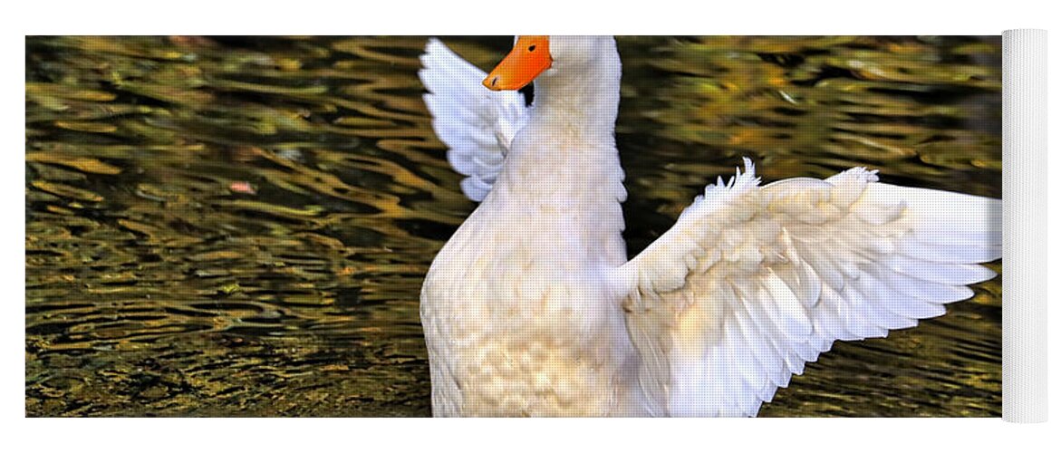 Duck Yoga Mat featuring the photograph Flapping White Duck by Carol Groenen