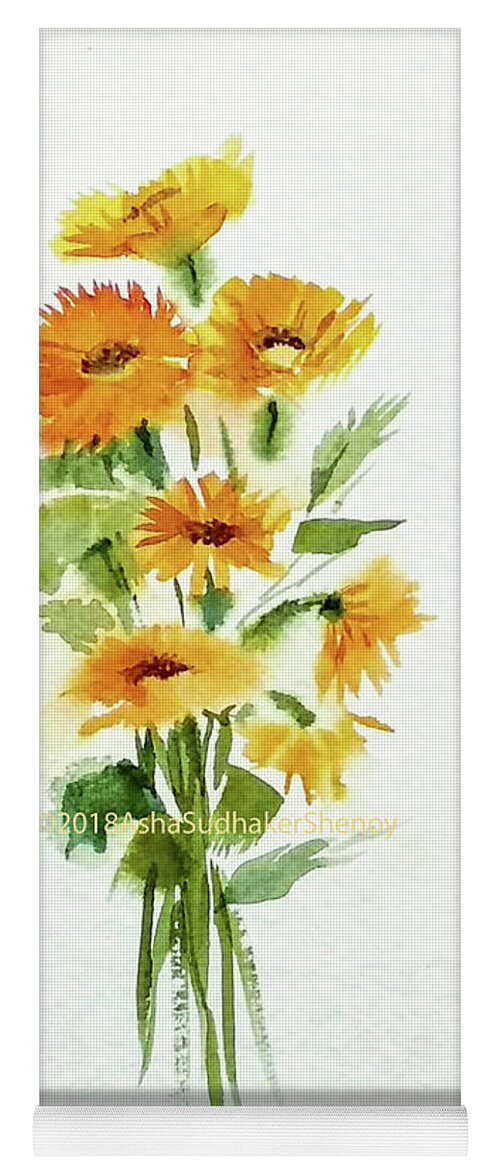 Yellow Flowers Yoga Mat featuring the painting Floral art by Asha Sudhaker Shenoy