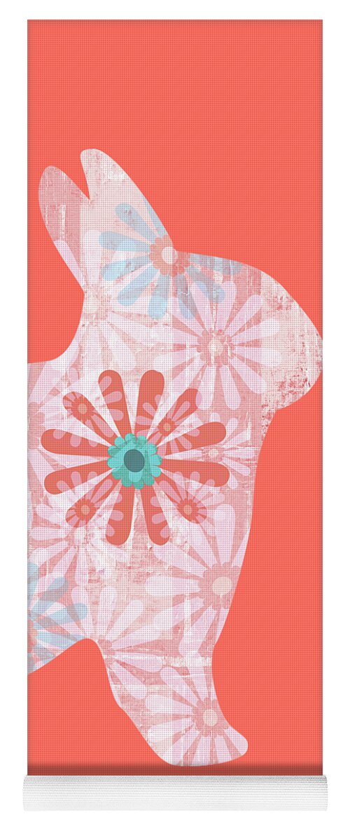Rabbit Yoga Mat featuring the digital art Floral Rabbit in Living Coral II by Marianne Campolongo
