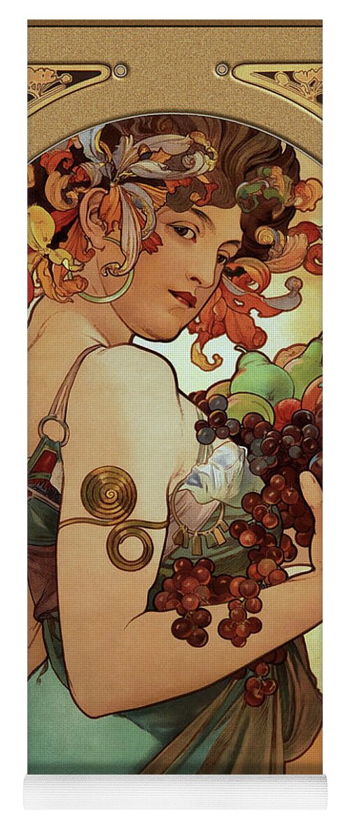 Fruit Yoga Mat featuring the painting Fruit by Alphonse Mucha by Rolando Burbon