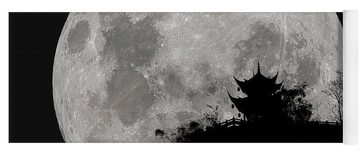 Moon Yoga Mat featuring the photograph Full Moon Behind Clifftop Gazebo in Chengdu China by William Dickman