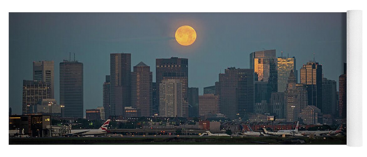 Boston Yoga Mat featuring the photograph Full moon over Boston MA at Sunrise Bright Moon by Toby McGuire