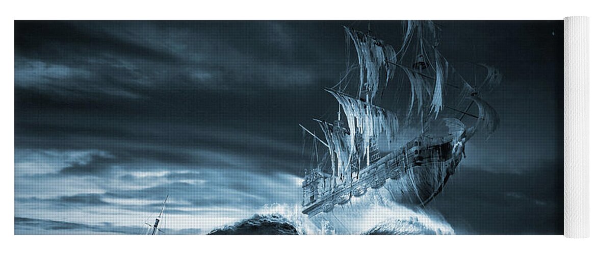 Surreal Ghost Ship Digital Painting Print Poster Famous Legend Mystery Computer Wallpaper Desktop Background Flying Dutchman Ninth Wave Storm Superstition Torn Sails Boat Old Sailboat Siren Waves Ocean Hurricane Tradition Sail Ship Classic Sea Maritime Marine Nautical Model Aquatic Yoga Mat featuring the digital art Ghost ship series The ninth wave remake by George Grie