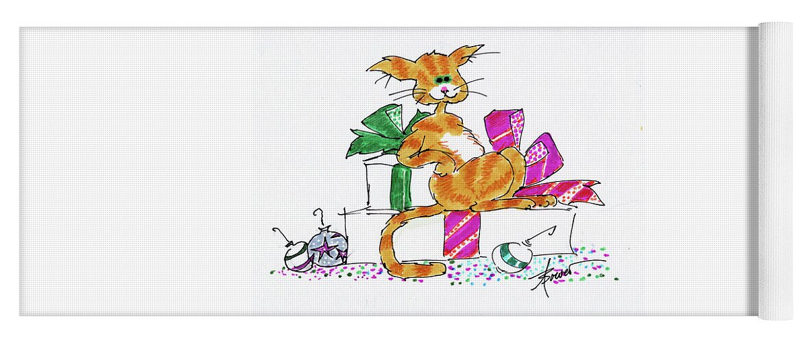 Christmas Yoga Mat featuring the painting Ginger Cat's Christmas by Adele Bower