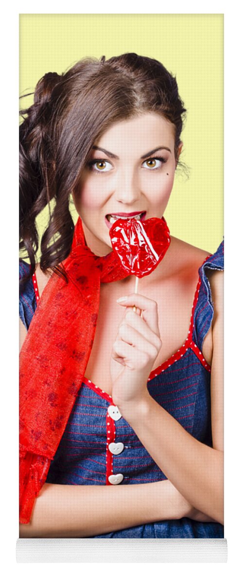 Candy Yoga Mat featuring the photograph Glamorous girl eating lollipop. Eat your heart out by Jorgo Photography