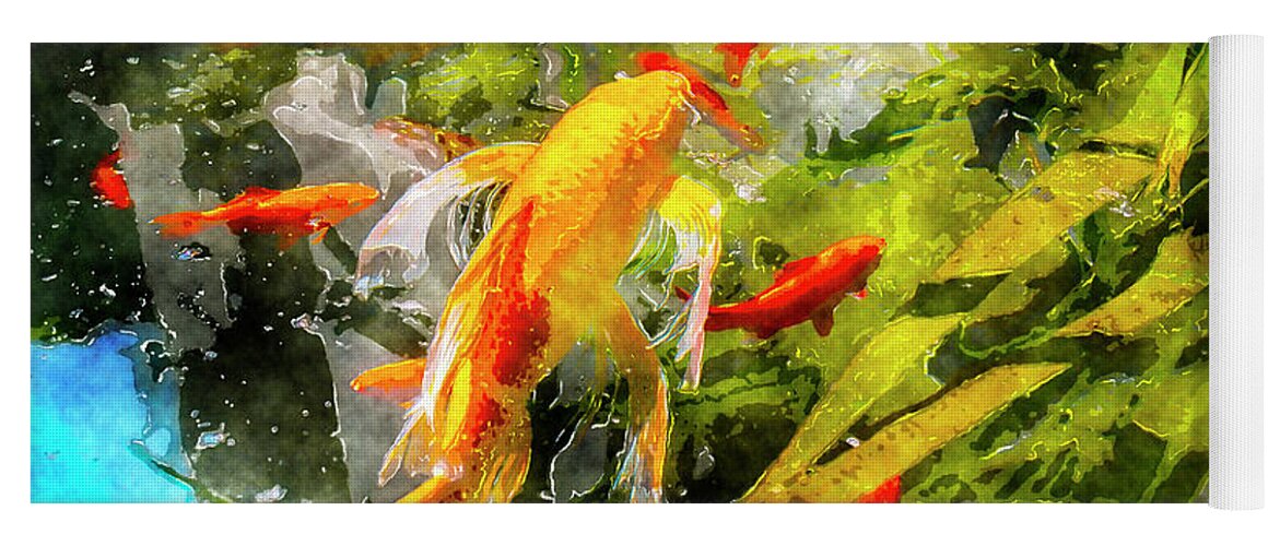 Orange Yoga Mat featuring the digital art Golden fish - Lights and Shadows by Claudio Lepri