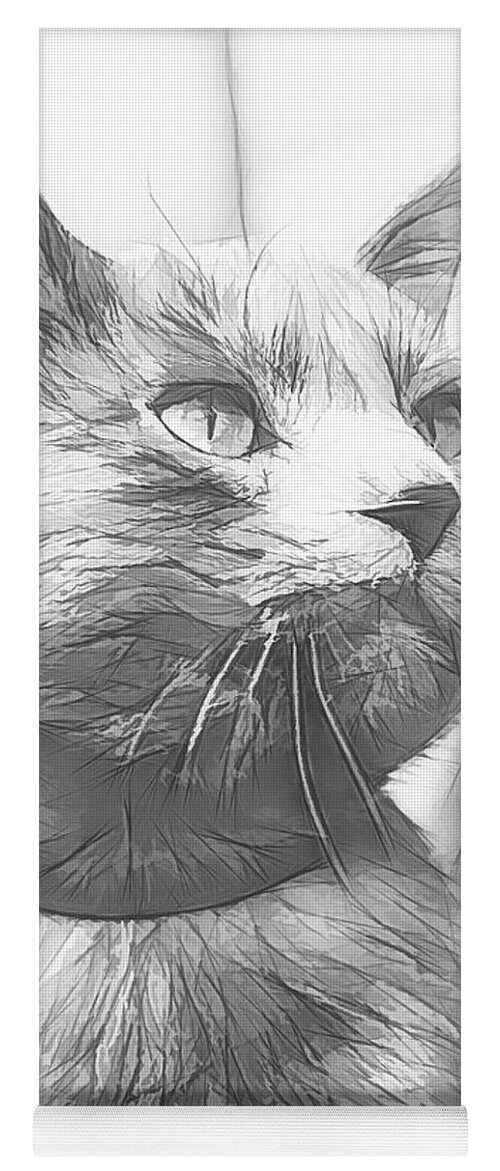Art Yoga Mat featuring the digital art Grey Cat Posing, Black and White Sketch by Rick Deacon