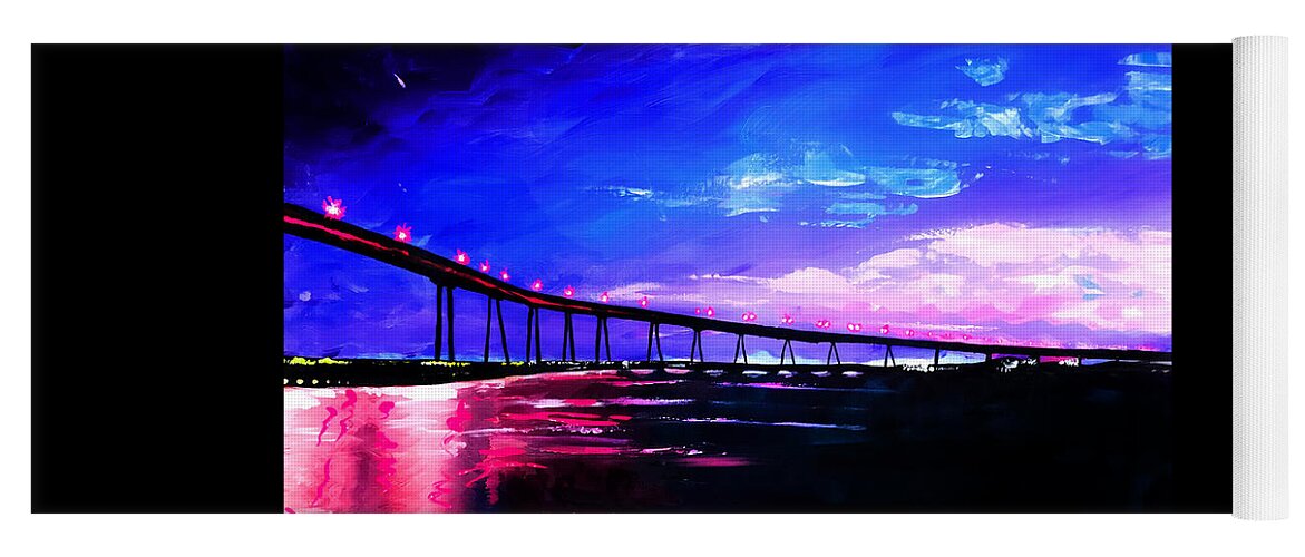 Coronado Island Bridge Lights Nighttime Sunset Colors Colorful Contrast Water Sea Ocean Reflections Lights City Lights Perspective Pink Blue Driving Boating Boat California San Diego Yoga Mat featuring the painting Gutierrez by Sergio