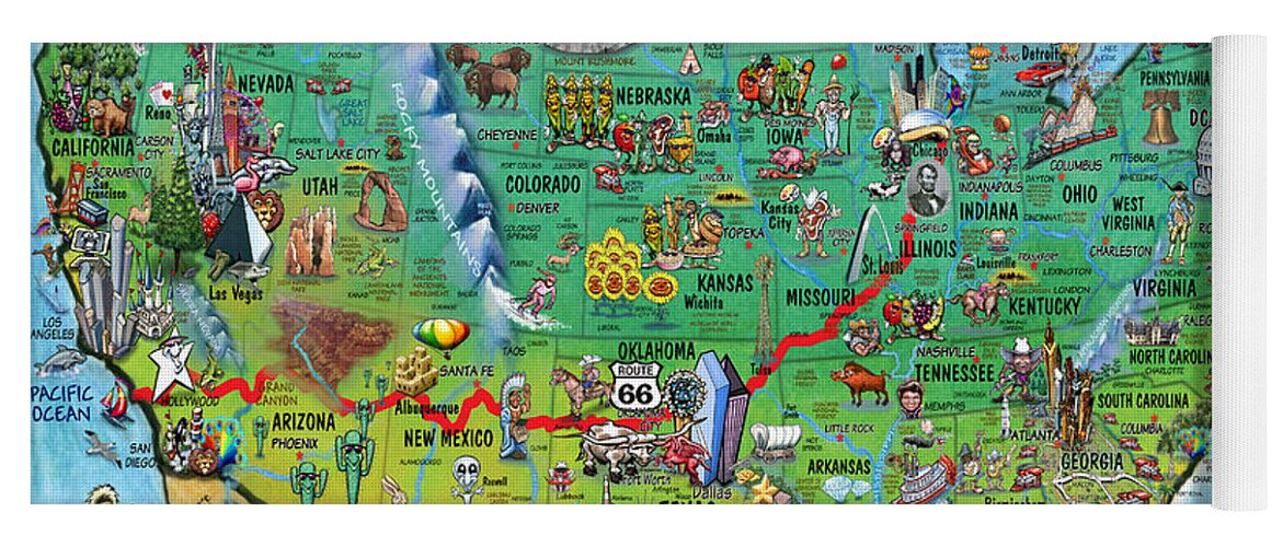 Cartoon Map Yoga Mat featuring the digital art Historic Route 66 USA by Kevin Middleton