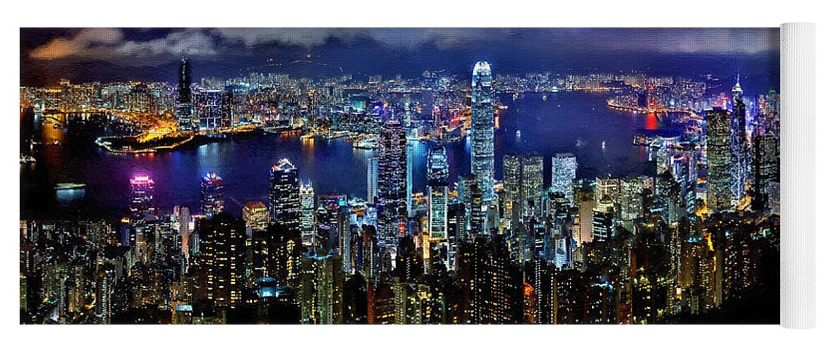 Hong Kong Yoga Mat featuring the painting Hong Kong Skyline - DWP1864884 by Dean Wittle
