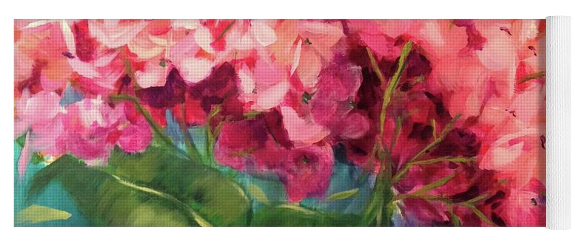 Pink Hydrangeas Yoga Mat featuring the painting Hydrangeas in Purple Pitcher by Jan Chesler