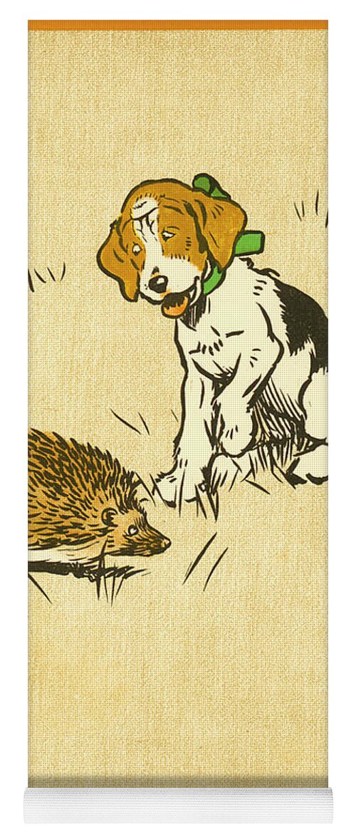 Book Illustration Yoga Mat featuring the drawing Puppy and Hedgehog, illustration of by Cecil Aldin