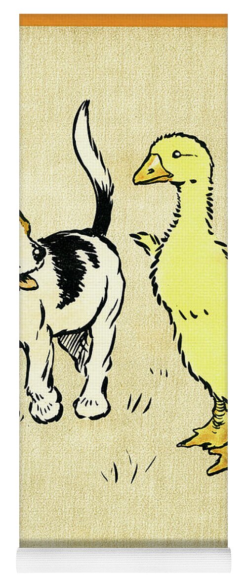 Puppy Yoga Mat featuring the mixed media Illustration of puppy and gosling by Cecil Aldin