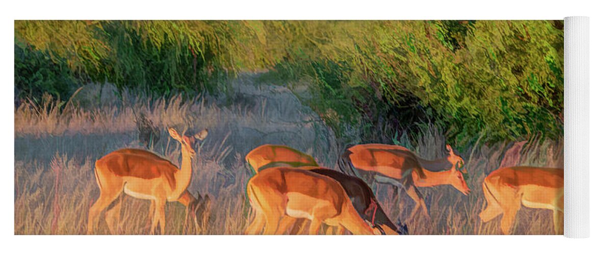 Impala Yoga Mat featuring the photograph Impalas of Botswana, Painterly by Marcy Wielfaert