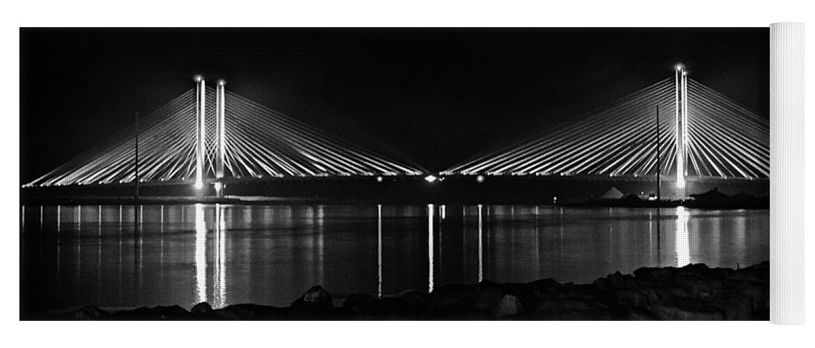 Indian River Bridge Yoga Mat featuring the photograph Indian River Bridge After Dark in Black and White by Bill Swartwout