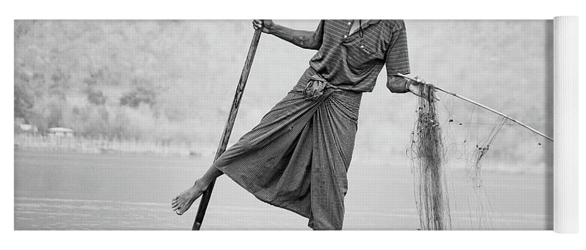 Black And White Photography Yoga Mat featuring the photograph Inle Lake Fisherman BYW by Mache Del Campo