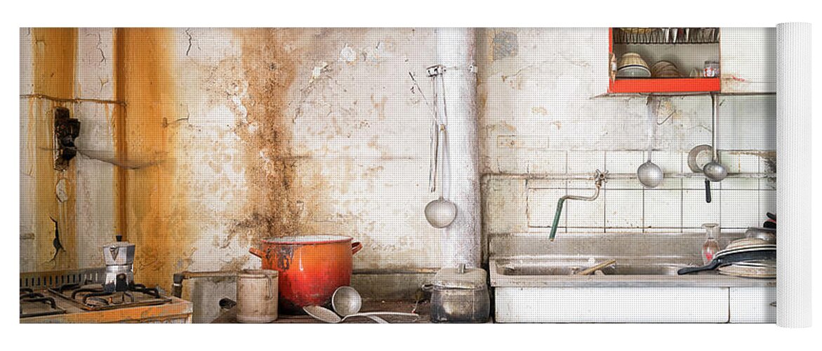 Kitchen Yoga Mat featuring the photograph Italian Kitchen in Decay by Roman Robroek