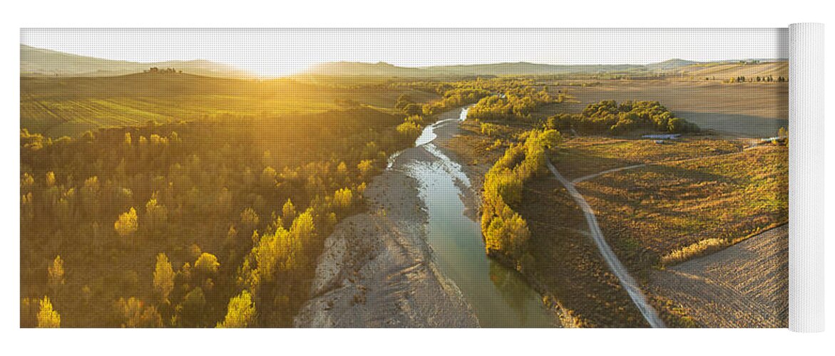 Estock Yoga Mat featuring the digital art Italy, Tuscany, Siena District, Orcia Valley, Orcia River Near Pienza, Aerial View By Drone by Guido Cozzi
