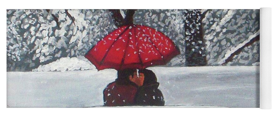 Kiss Yoga Mat featuring the painting Kisses under umbrella by Vesna Antic