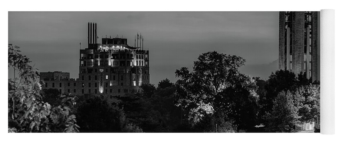 America Yoga Mat featuring the photograph KU Campanile and The Oread Hotel - Lawrence Kansas Monochrome by Gregory Ballos