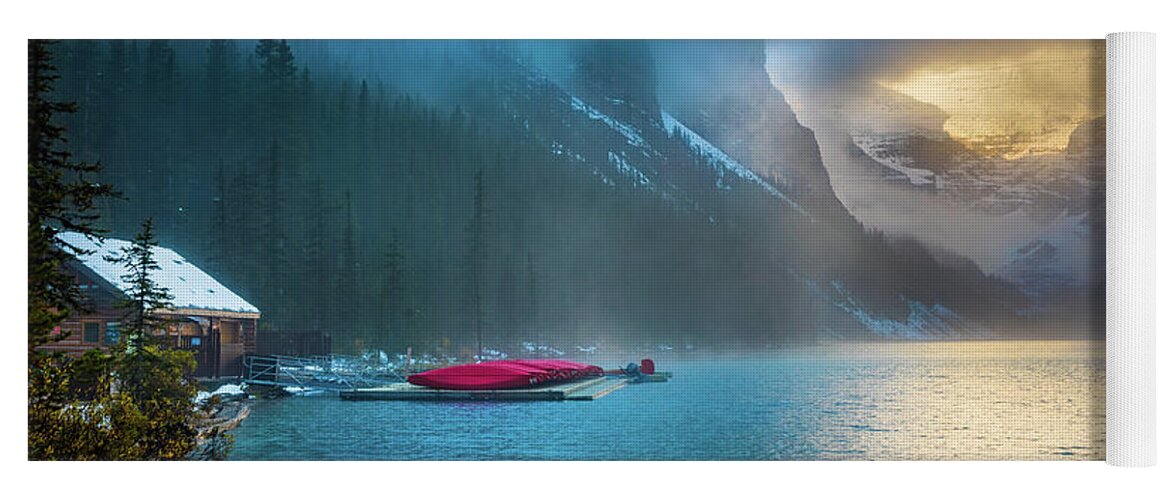 Alberta Yoga Mat featuring the photograph Lake Louise Canoes in the Morning by Inge Johnsson