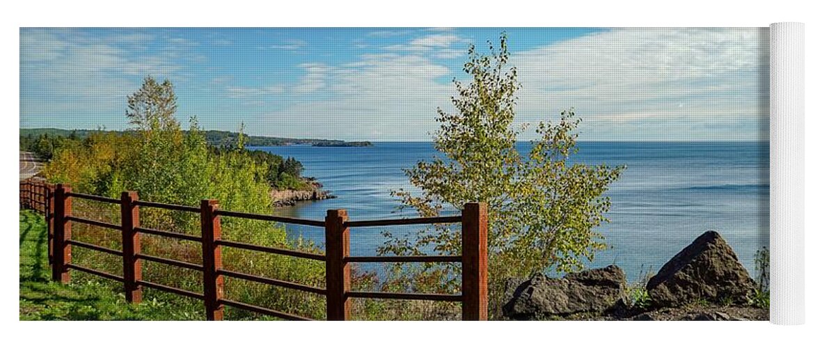 Fence Yoga Mat featuring the photograph Lake Superior Overlook by Susan Rydberg