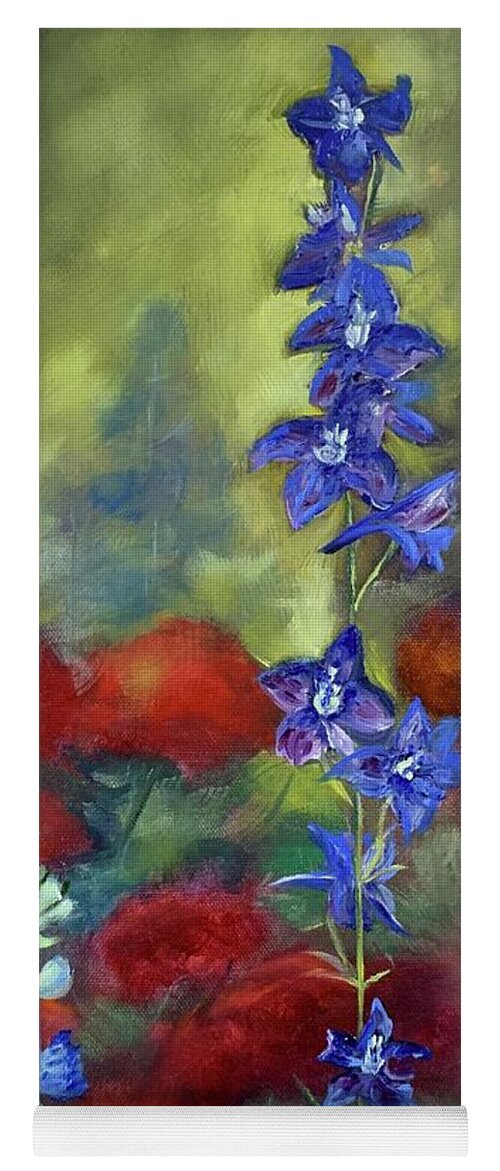 Larkspur Yoga Mat featuring the painting Larkspur and Roses by Jan Chesler