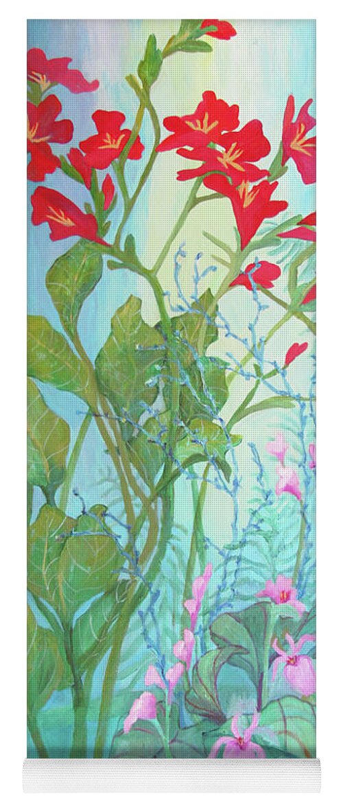 Red Flowers Yoga Mat featuring the painting Laura's Garden Three by Sharon Nelson-Bianco