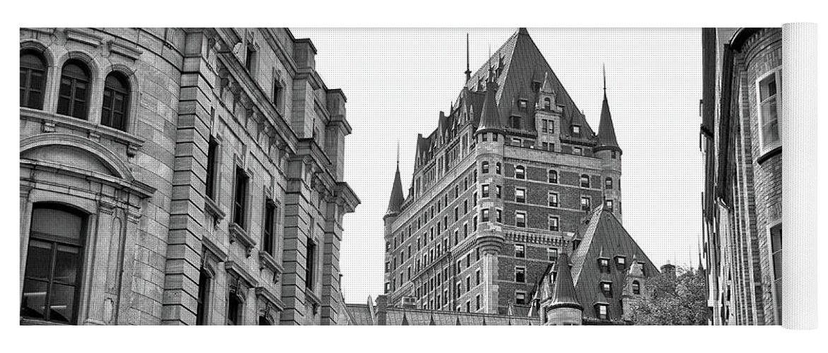 Old Quebec City Yoga Mat featuring the photograph LE CHATEAU FRONTENAC - Elegance in Black and White by Amy Dundon