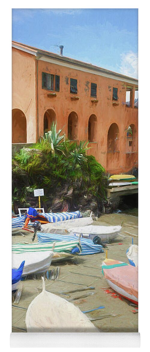 Joan Carroll Yoga Mat featuring the photograph Levanto Boats Cinque Terre Italy Painterly by Joan Carroll
